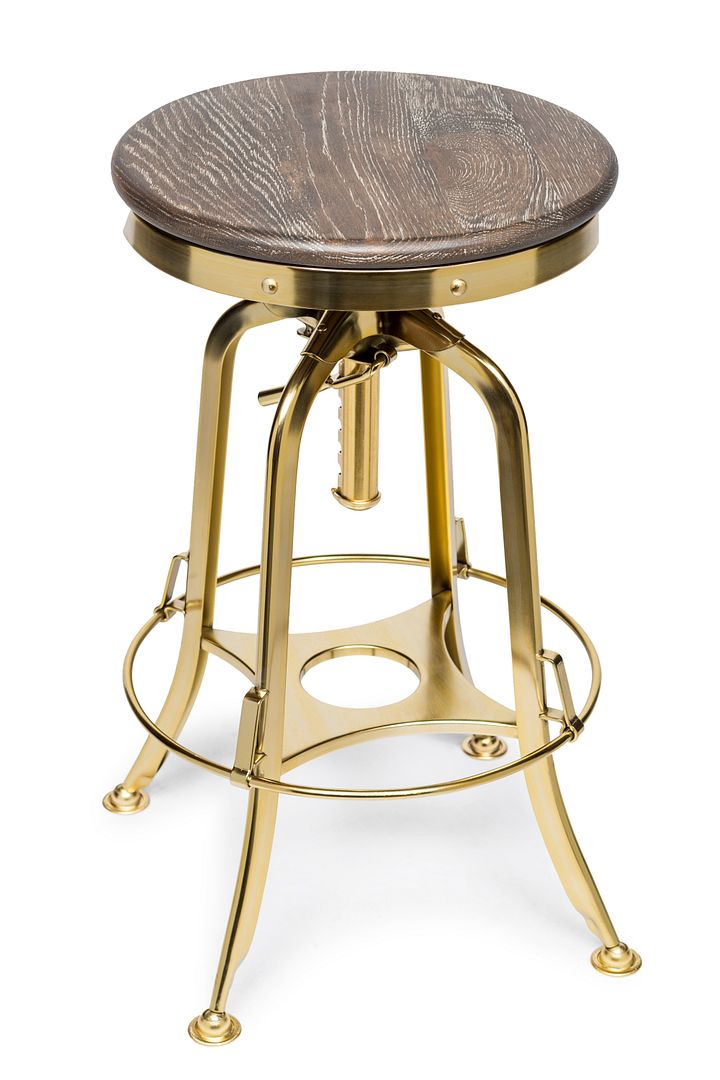 Industrial Height Adjustable Swivel Bar Stool with Oak Wood Top - Gold Finish - TRENDZ