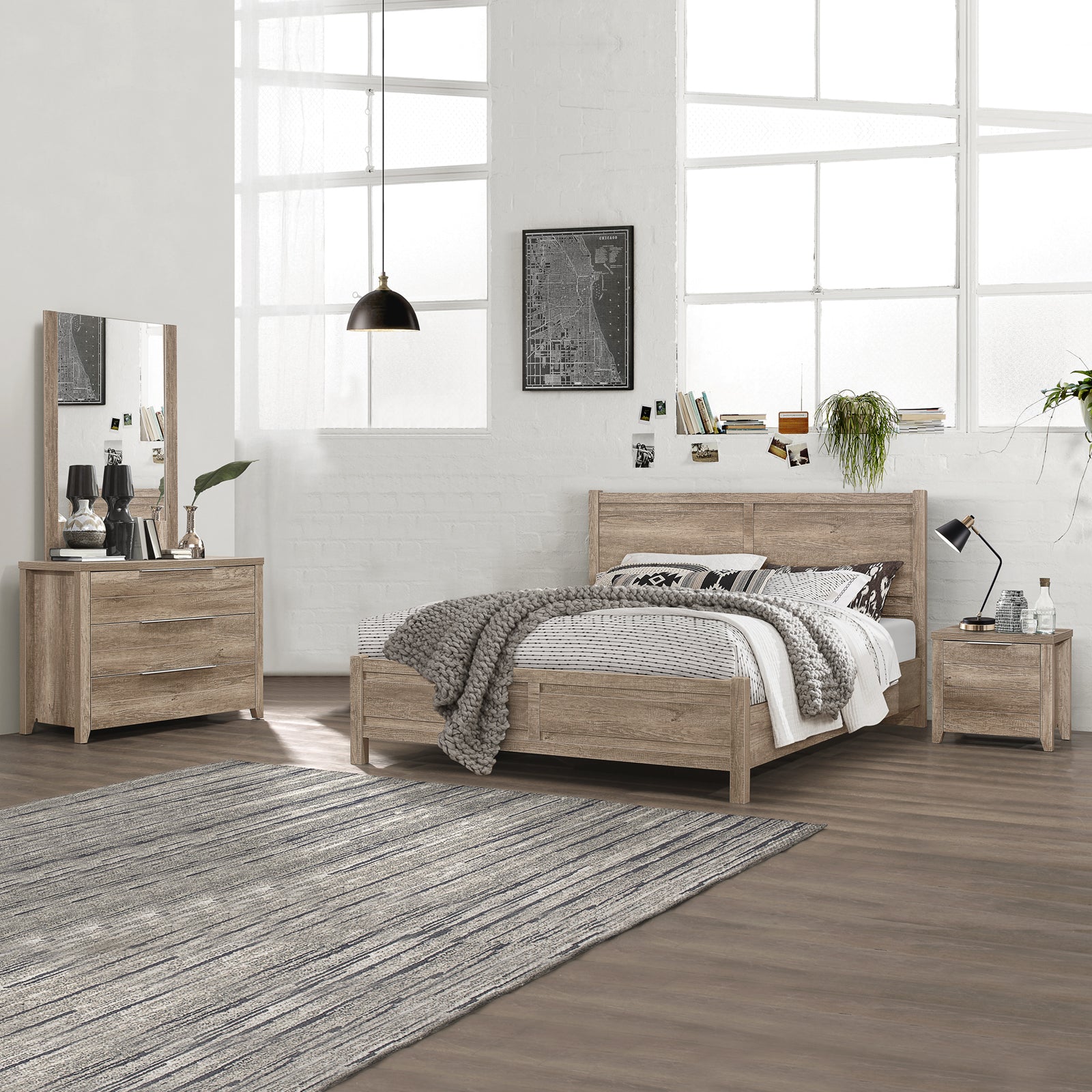 4 Pieces Bedroom Suite Natural Wood Like MDF Structure Queen Size Oak Colour Bed, Bedside Table & Dresser - TRENDZ