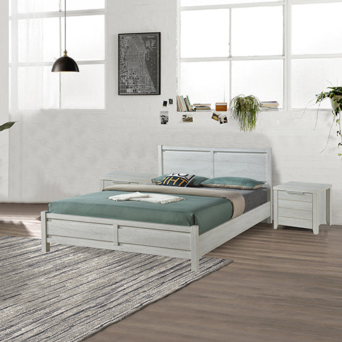 4 Pieces Bedroom Suite Natural Wood Like MDF Structure Queen Size White Ash Colour Bed, Bedside Table & Tallboy - TRENDZ