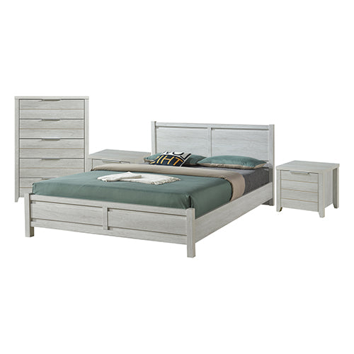 4 Pieces Bedroom Suite Natural Wood Like MDF Structure Queen Size White Ash Colour Bed, Bedside Table & Tallboy - TRENDZ
