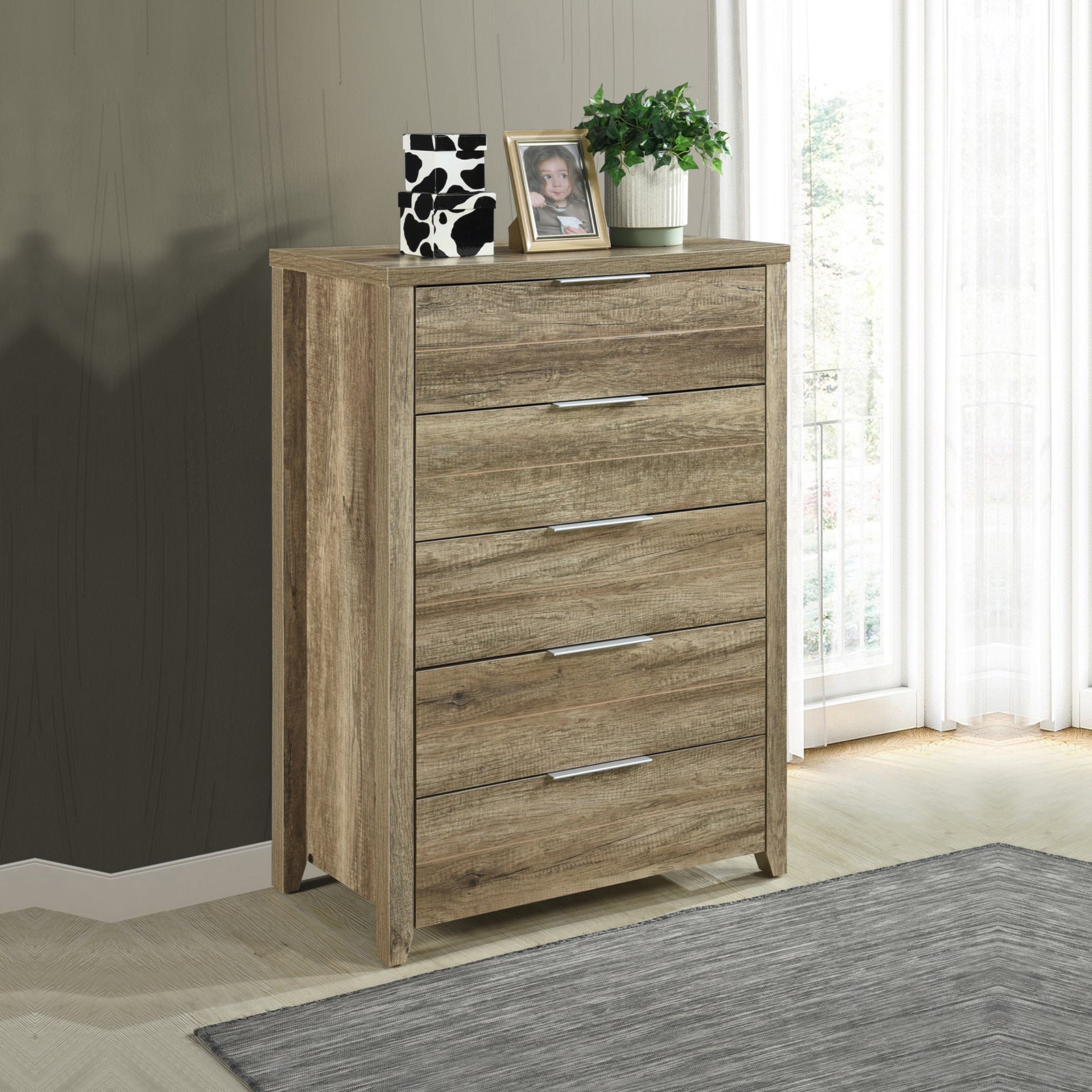 5 Pieces Bedroom Suite Natural Wood Like MDF Structure Double Size Oak Colour Bed, Bedside Table, Tallboy & Dresser - TRENDZ