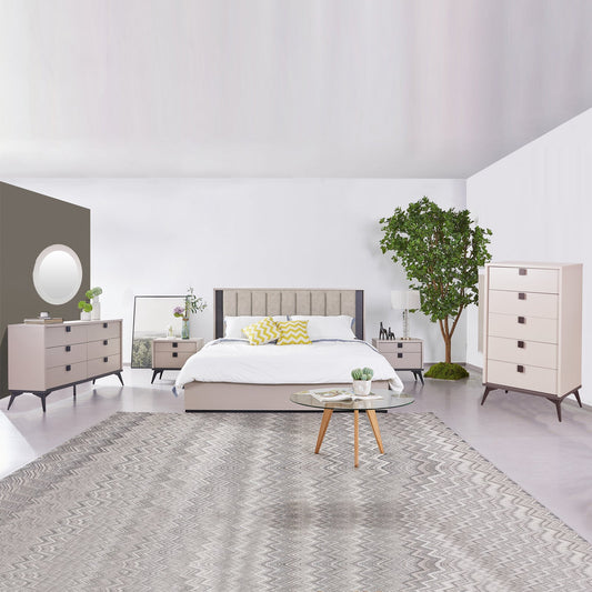 Queen 4 Pcs Bedroom Suite with Tallboy Fabric Upholstery MDF Combination of Champagne and Black Colour