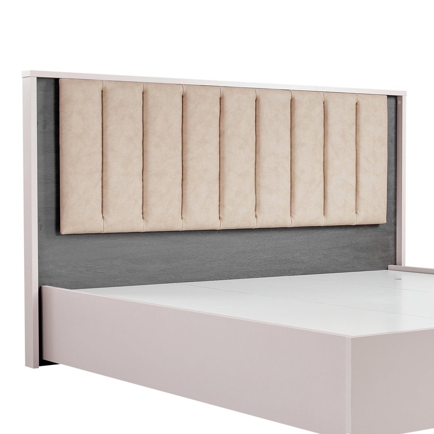 Queen 5 Pcs Bedroom Suite Fabric Upholstery MDF Combination of Champagne and Black Colour