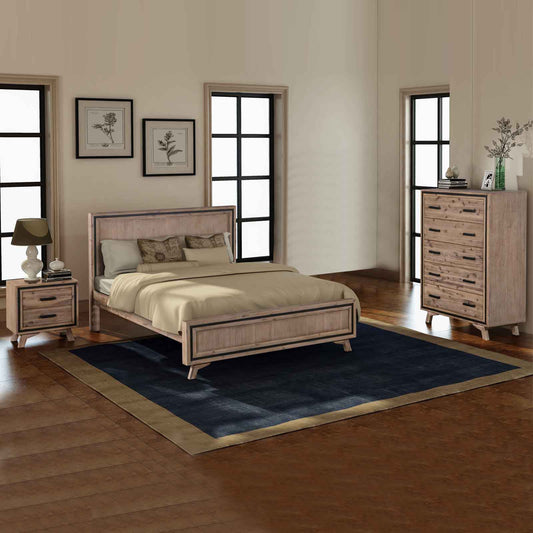 4 Pieces Bedroom Suite Queen Size Silver Brush in Acacia Wood Construction Bed, Bedside Table & Tallboy - TRENDZ