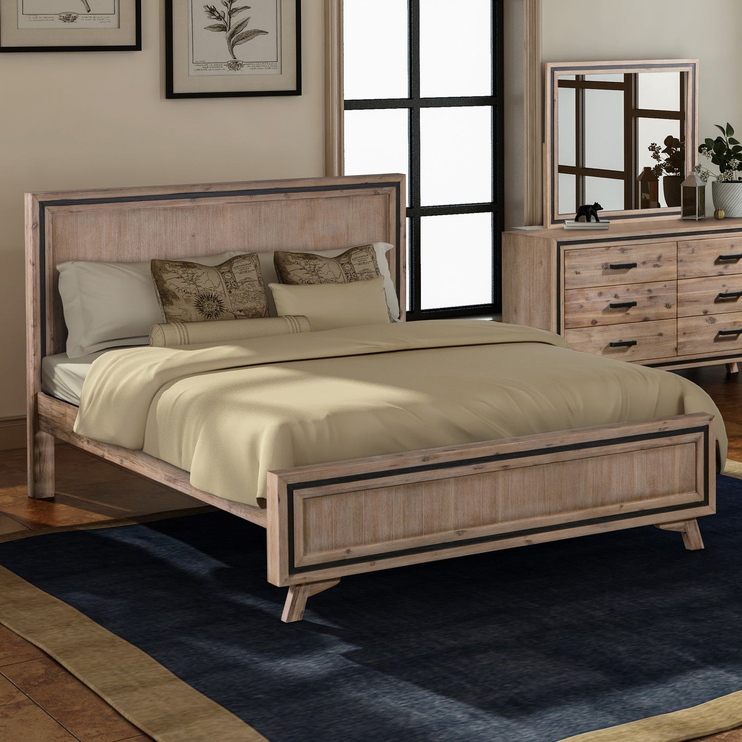 4 Pieces Bedroom Suite Queen Size Silver Brush in Acacia Wood Construction Bed, Bedside Table & Tallboy - TRENDZ