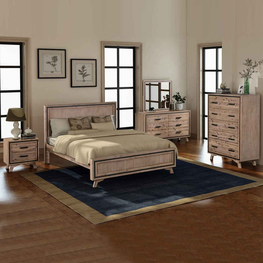 5 Pieces Bedroom Suite Queen Size Silver Brush in Acacia Wood Construction Bed, Bedside Table, Tallboy & Dresser - TRENDZ