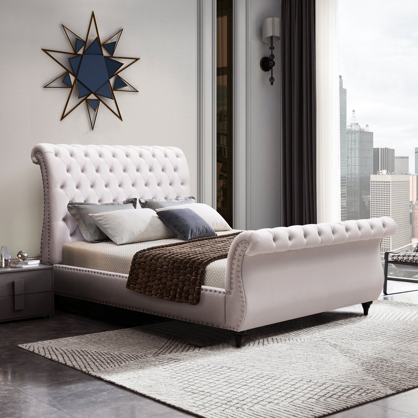 Queen Size Sleigh Bedframe Velvet Upholstery Beige Colour Tufted Headboard And Footboard Deep Quilting - TRENDZ