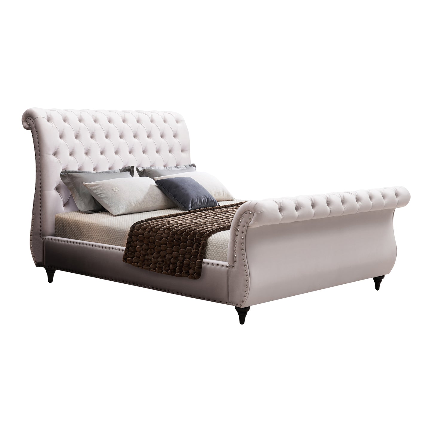Queen Size Sleigh Bedframe Velvet Upholstery Beige Colour Tufted Headboard And Footboard Deep Quilting - TRENDZ