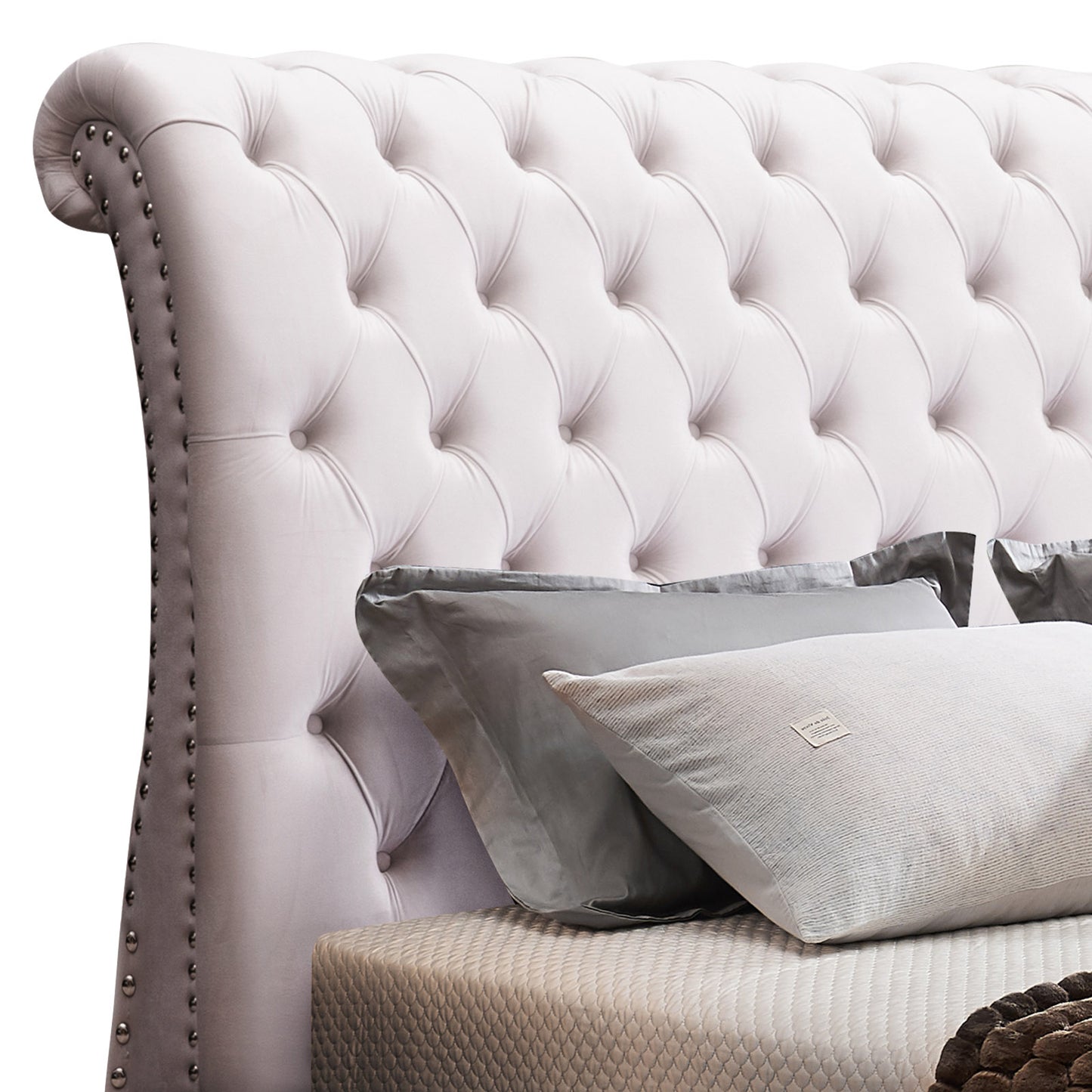 Queen Size Sleigh Bedframe Velvet Upholstery Beige Colour Tufted Headboard And Footboard Deep Quilting - TRENDZ