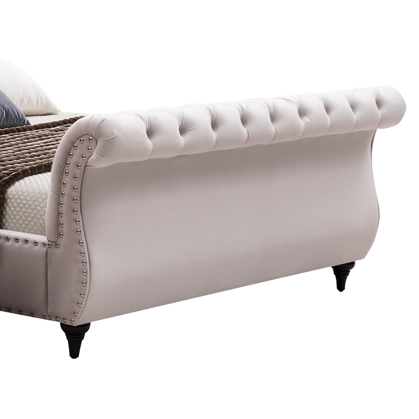 Queen Size Sleigh Bedframe Velvet Upholstery Beige Colour Tufted Headboard And Footboard Deep Quilting - TRENDZ