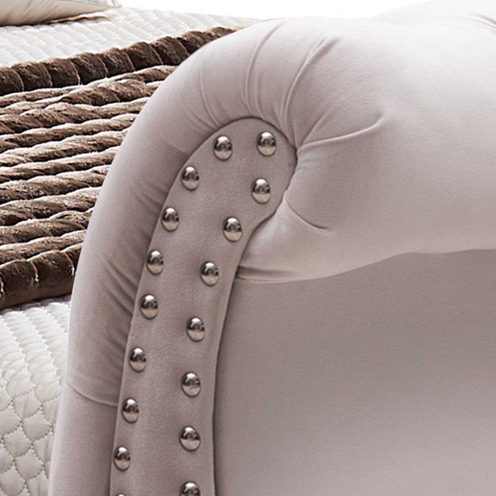 Queen Size Sleigh Bedframe Velvet Upholstery Beige Colour Tufted Headboard And Footboard Deep Quilting - TRENDZ