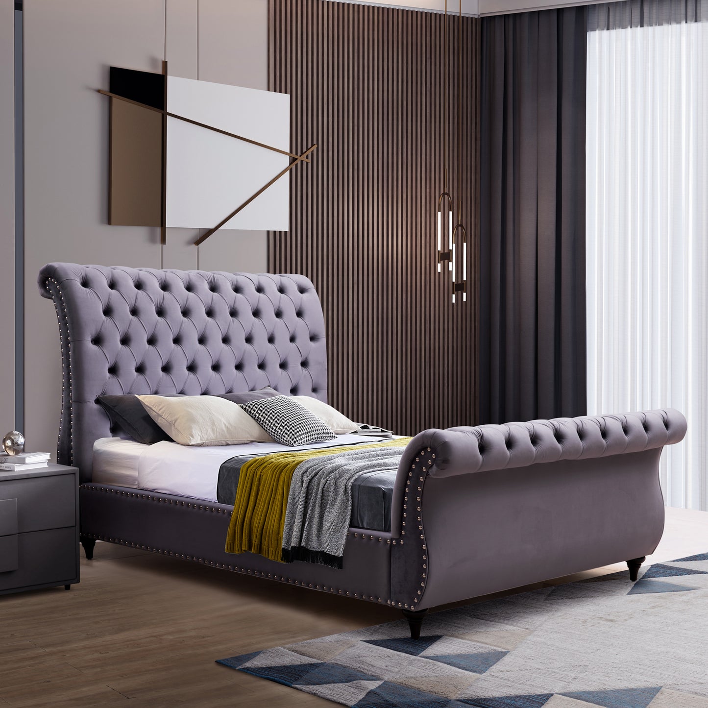 Queen Size Sleigh Bedframe Velvet Upholstery Grey Colour Tufted Headboard And Footboard Deep Quilting - TRENDZ