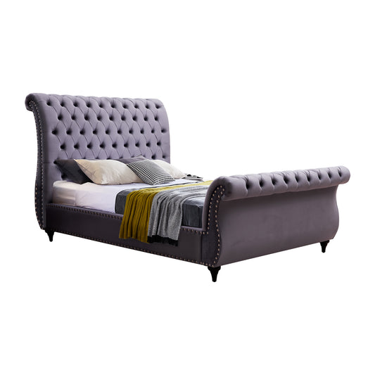 Queen Size Sleigh Bedframe Velvet Upholstery Grey Colour Tufted Headboard And Footboard Deep Quilting - TRENDZ