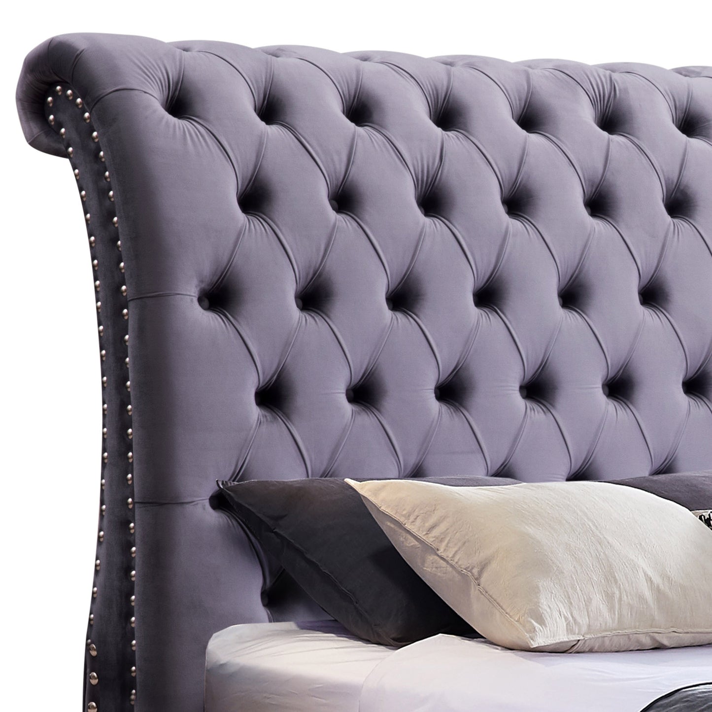 Queen Size Sleigh Bedframe Velvet Upholstery Grey Colour Tufted Headboard And Footboard Deep Quilting - TRENDZ