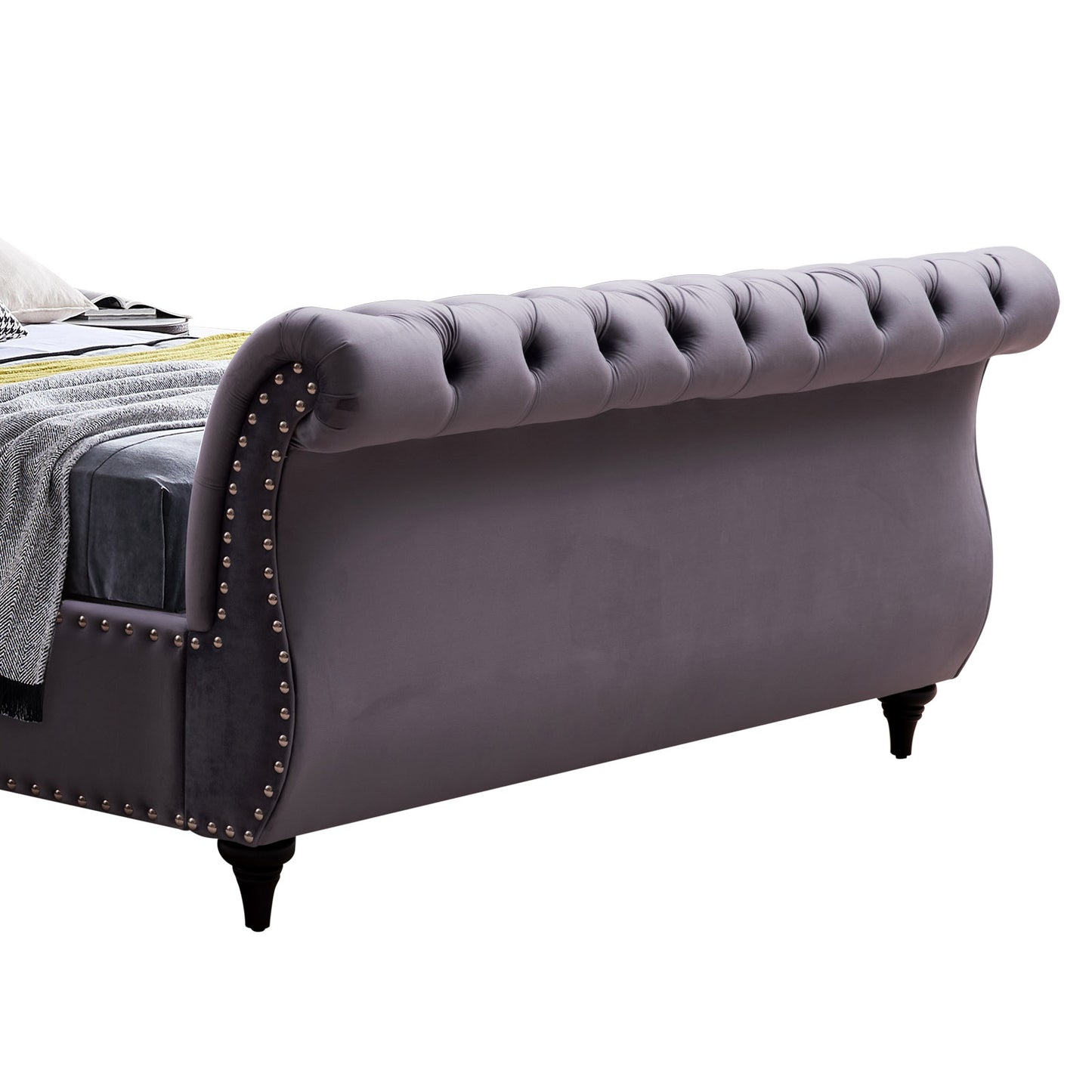 Queen Size Sleigh Bedframe Velvet Upholstery Grey Colour Tufted Headboard And Footboard Deep Quilting - TRENDZ