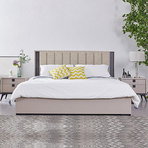 Queen Bed Frame Fabric Upholstery MDF LED Headboard in Champagne Colour - TRENDZ