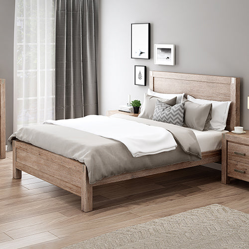 Bed Frame Single Size in Solid Wood Veneered Acacia Bedroom Timber Slat in Oak - TRENDZ