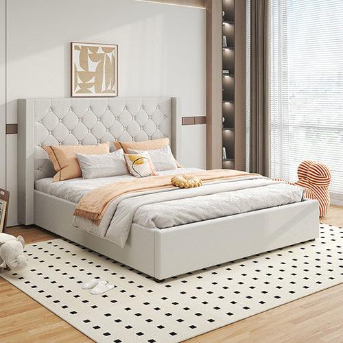 Veronica Bed Frame Queen Size Winged Grey Linen Fabric Seam Grid Pattern with gas lift plywood metal structure - TRENDZ