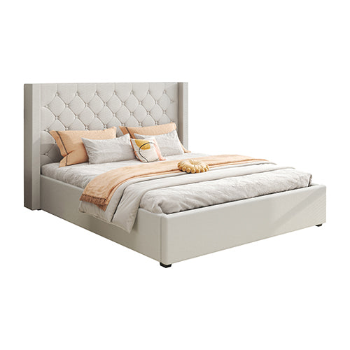 Veronica Bed Frame Queen Size Winged Grey Linen Fabric Seam Grid Pattern with gas lift plywood metal structure - TRENDZ