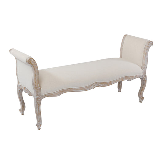 Oak Wood Linen Fabric Beige White Washed Finish Bench Chair - TRENDZ