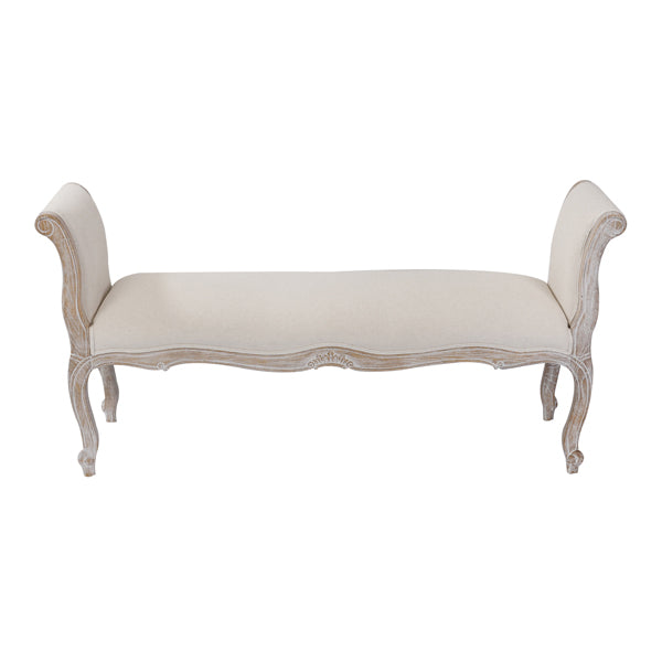 Oak Wood Linen Fabric Beige White Washed Finish Bench Chair - TRENDZ