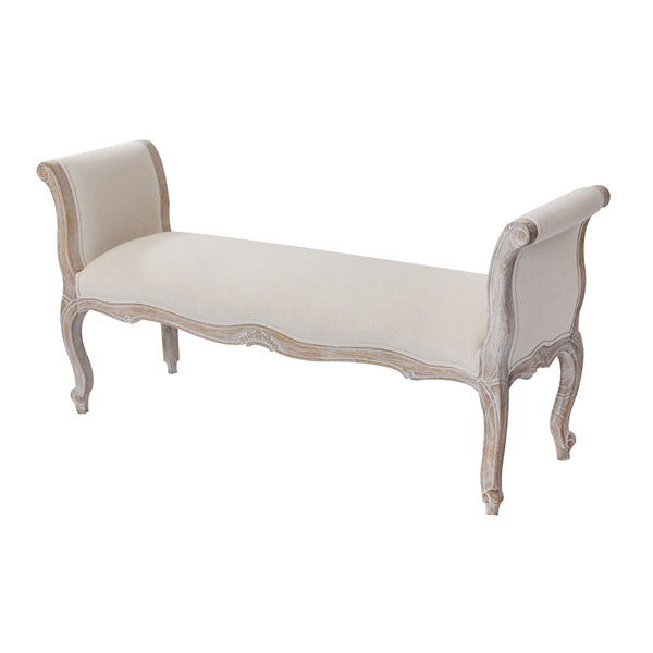 Oak Wood Linen Fabric Beige White Washed Finish Bench Chair - TRENDZ