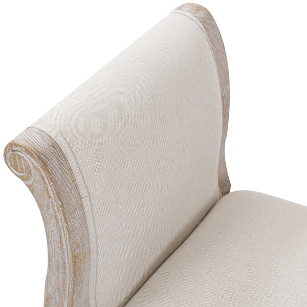 Oak Wood Linen Fabric Beige White Washed Finish Bench Chair - TRENDZ