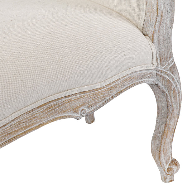 Oak Wood Linen Fabric Beige White Washed Finish Bench Chair - TRENDZ