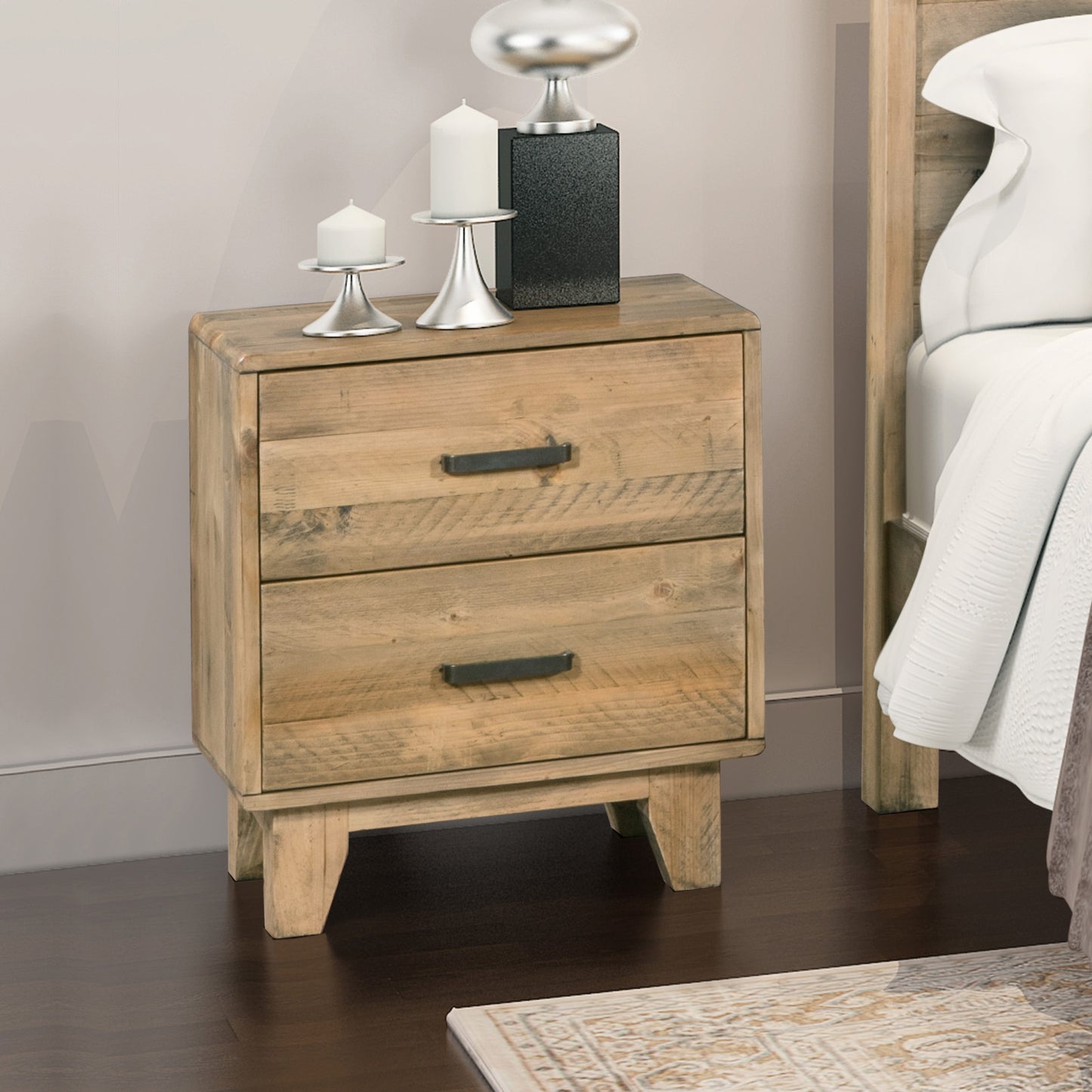 Bedside Table 2 drawers Night Stand Solid Wood Storage Light Brown Colour - TRENDZ
