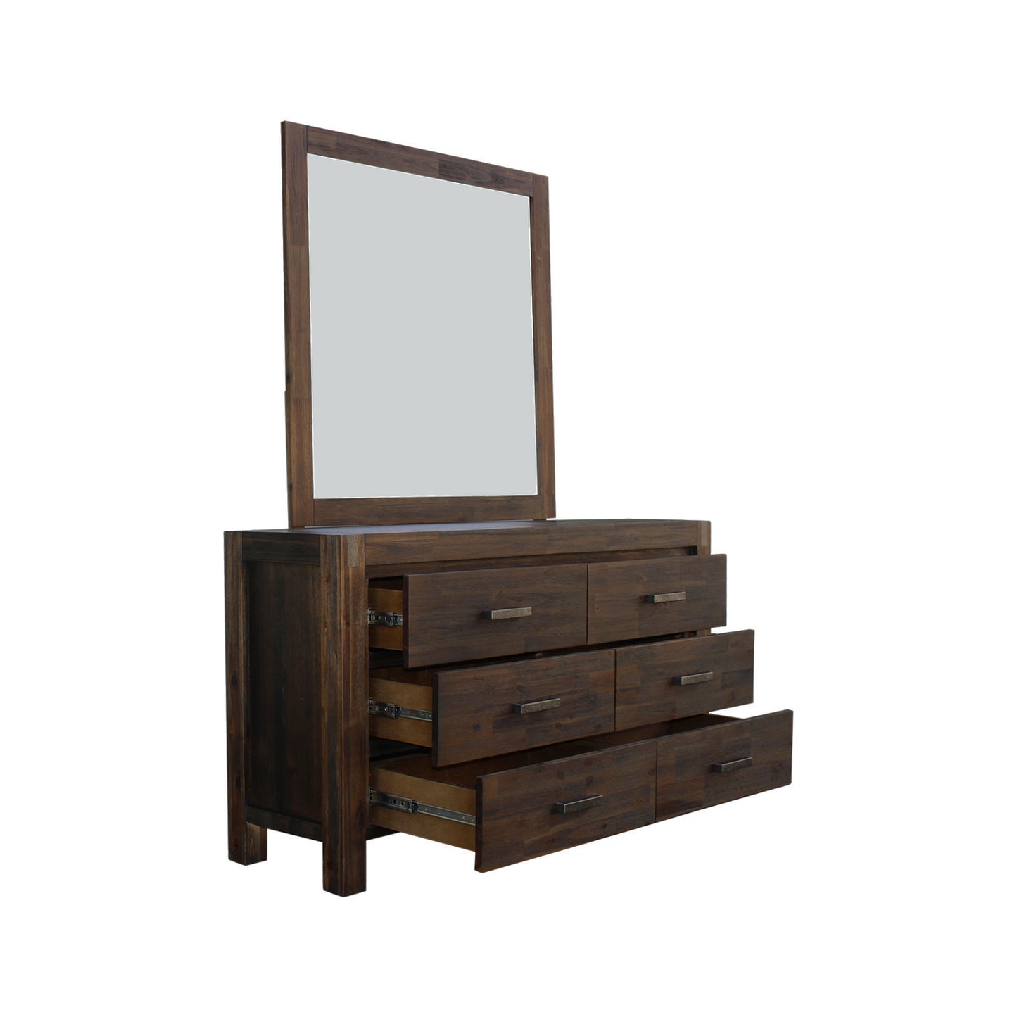 Dresser with 6 Storage Drawers in Solid Acacia & Veneer With Mirror in Chocolate Colour - TRENDZ