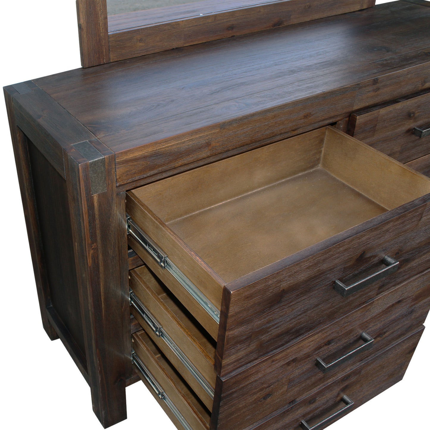 Dresser with 6 Storage Drawers in Solid Acacia & Veneer With Mirror in Chocolate Colour - TRENDZ