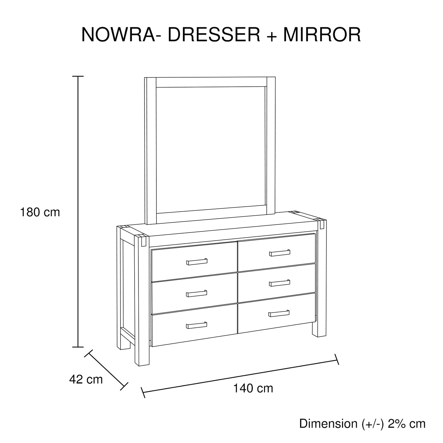 Dresser with 6 Storage Drawers in Solid Acacia & Veneer With Mirror in Chocolate Colour - TRENDZ