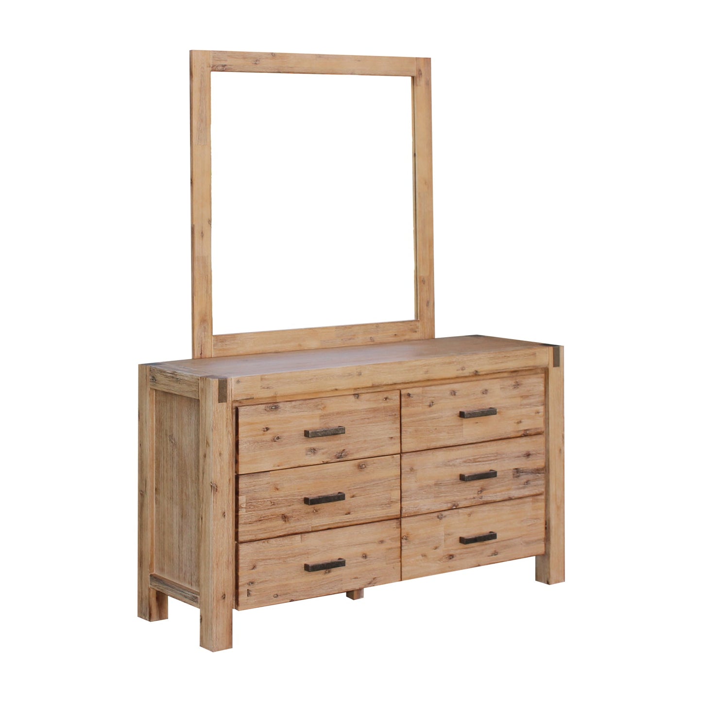 Dresser with 6 Storage Drawers in Solid Acacia & Veneer With Mirror in Oak Colour - TRENDZ