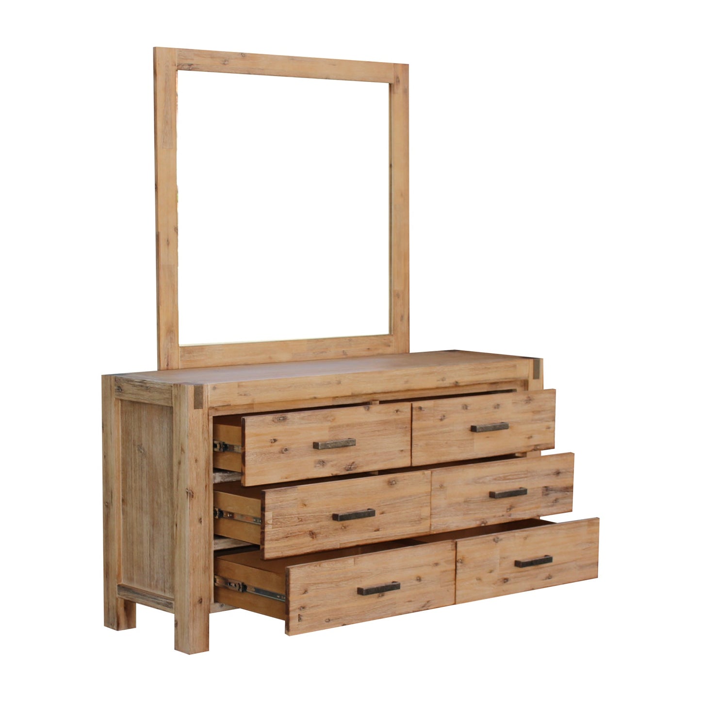 Dresser with 6 Storage Drawers in Solid Acacia & Veneer With Mirror in Oak Colour - TRENDZ