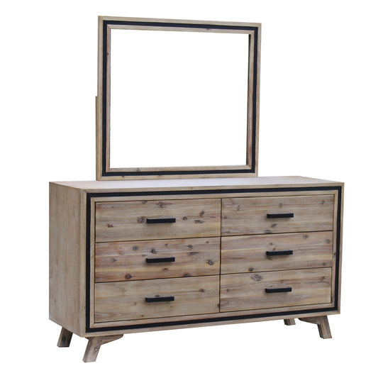 Dresser with 6 Storage Drawers in Solid Acacia With Mirror in Silver Brush Colour - TRENDZ