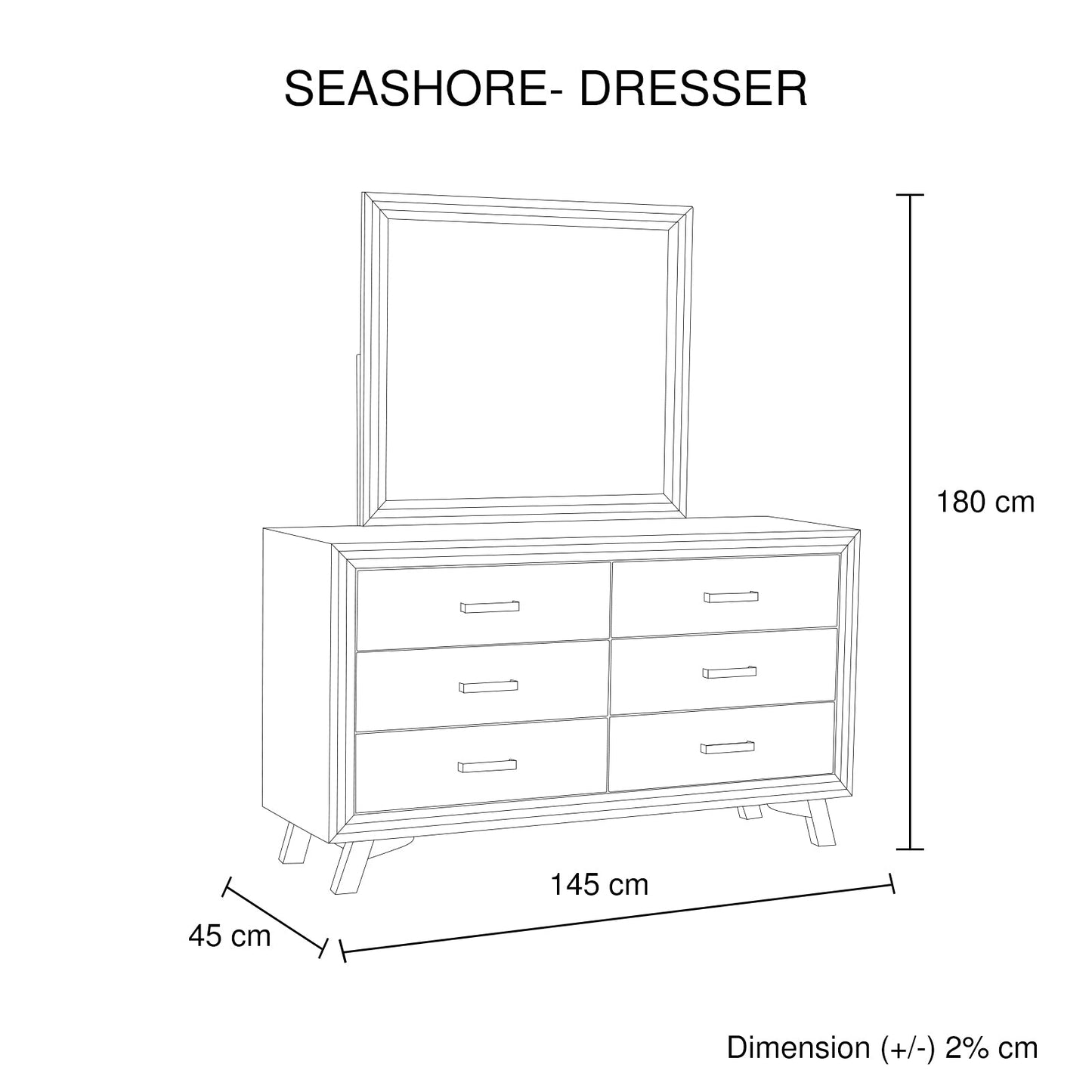 Dresser with 6 Storage Drawers in Solid Acacia With Mirror in Silver Brush Colour - TRENDZ