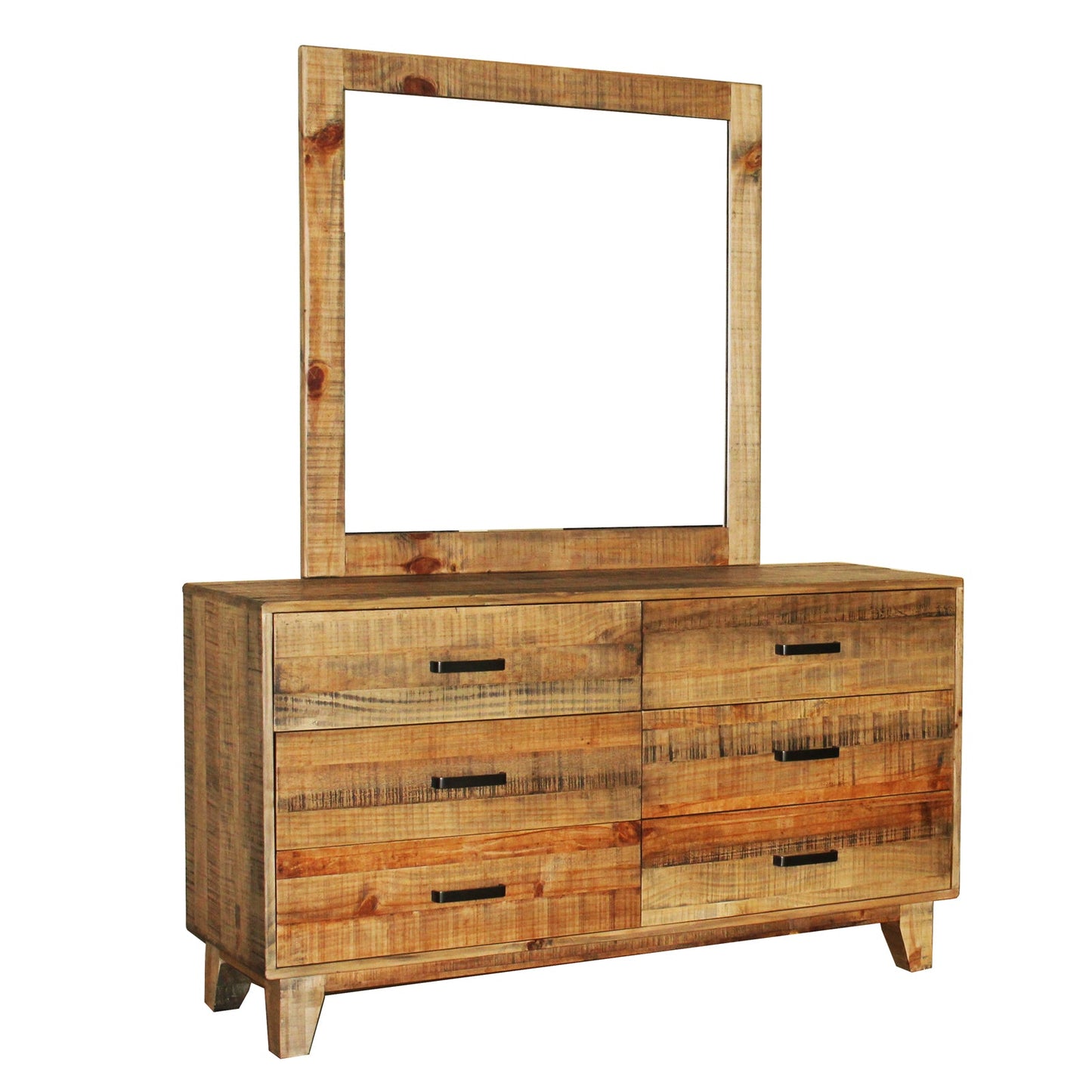 Dresser with 6 Storage Drawers in Solid Acacia With Mirror in Vintage Light Brown Colour - TRENDZ