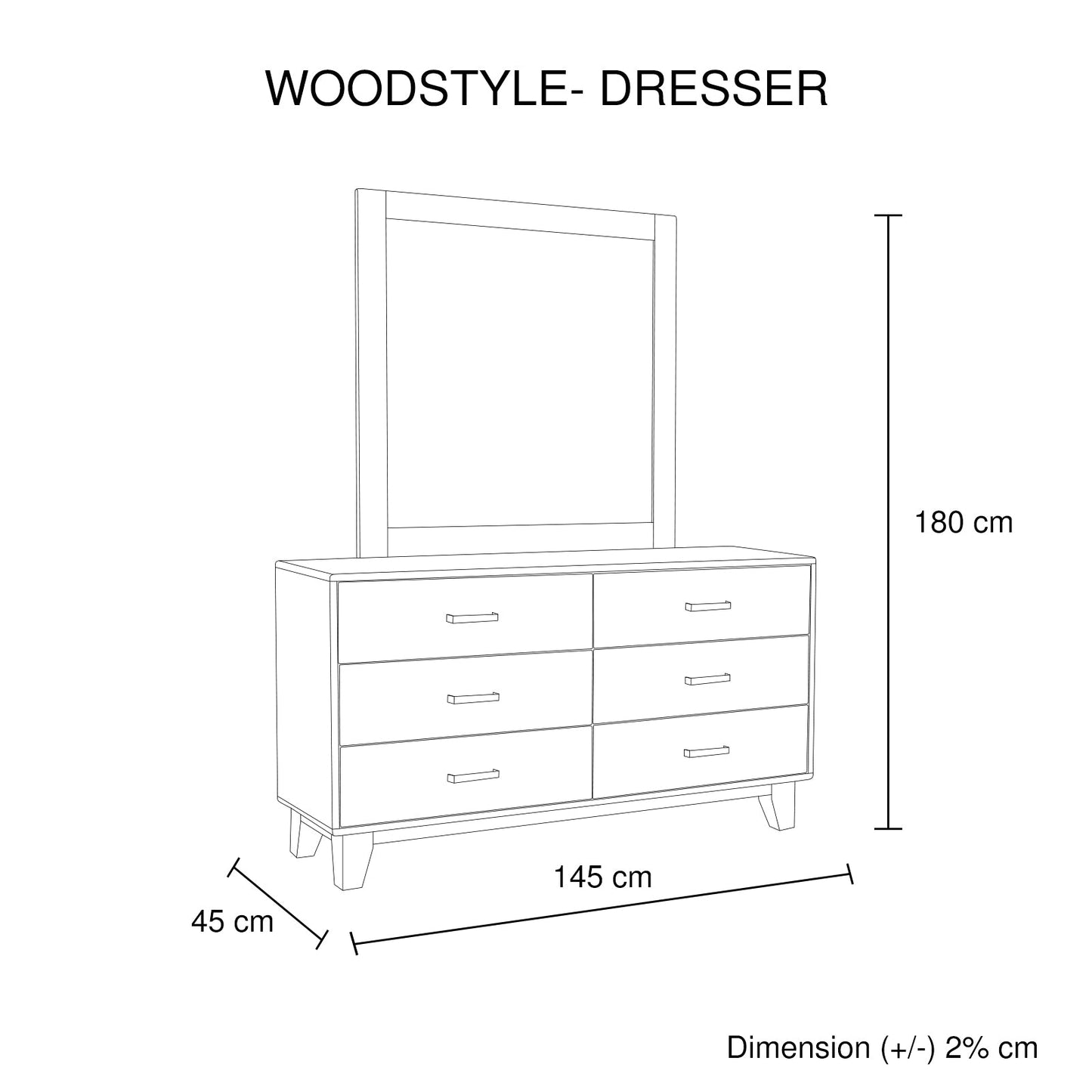 Dresser with 6 Storage Drawers in Solid Acacia With Mirror in Vintage Light Brown Colour - TRENDZ