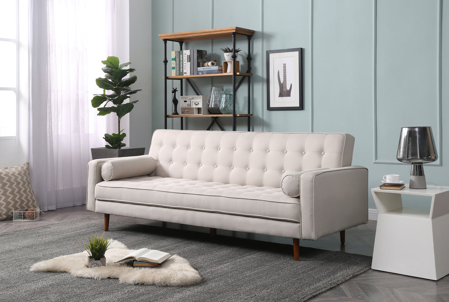 Sofa Bed 3 Seater Button Tufted Lounge Set for Living Room Couch in Fabric Beige Colour - TRENDZ