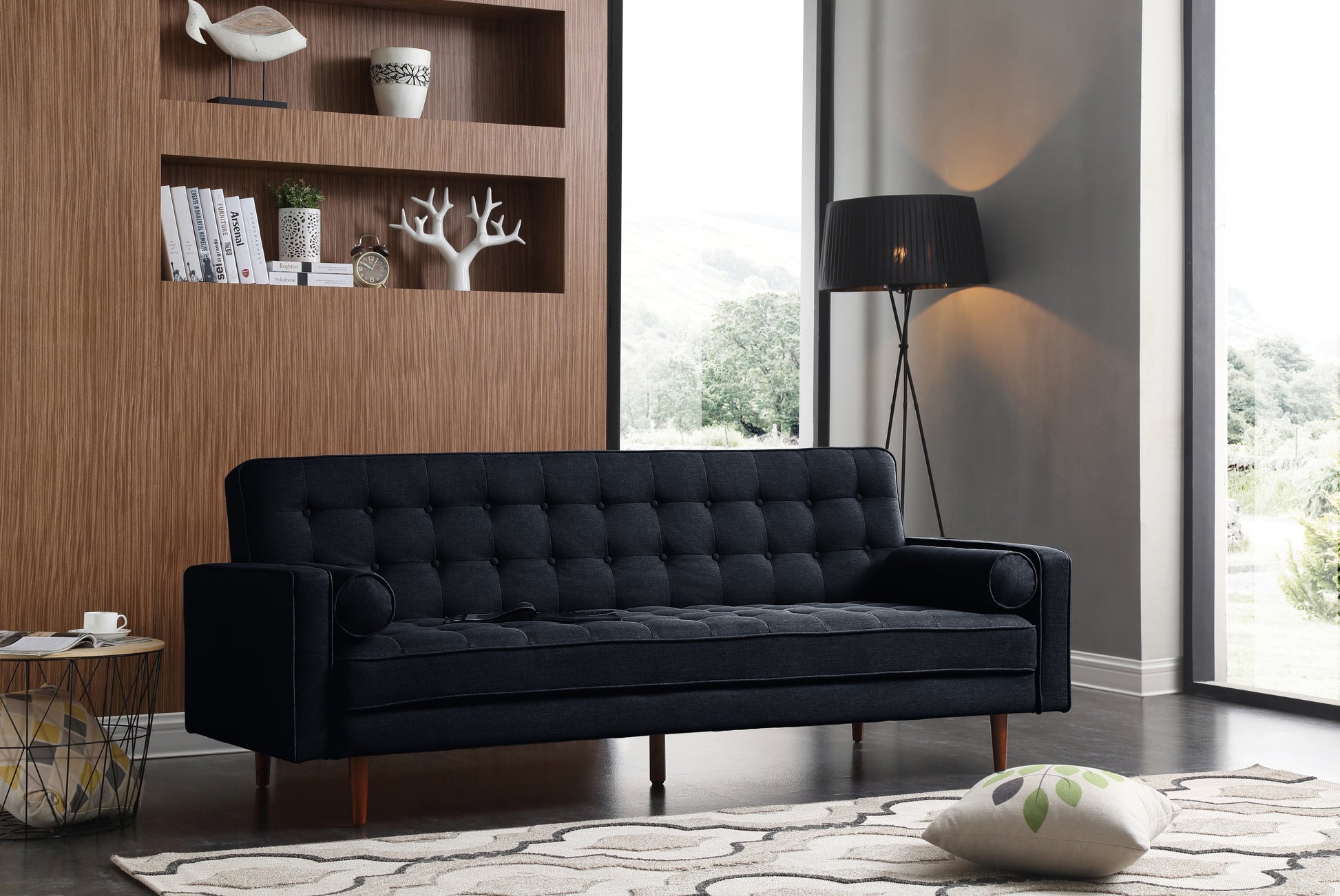 Sofa Bed 3 Seater Button Tufted Lounge Set for Living Room Couch in Velvet Black Colour - TRENDZ