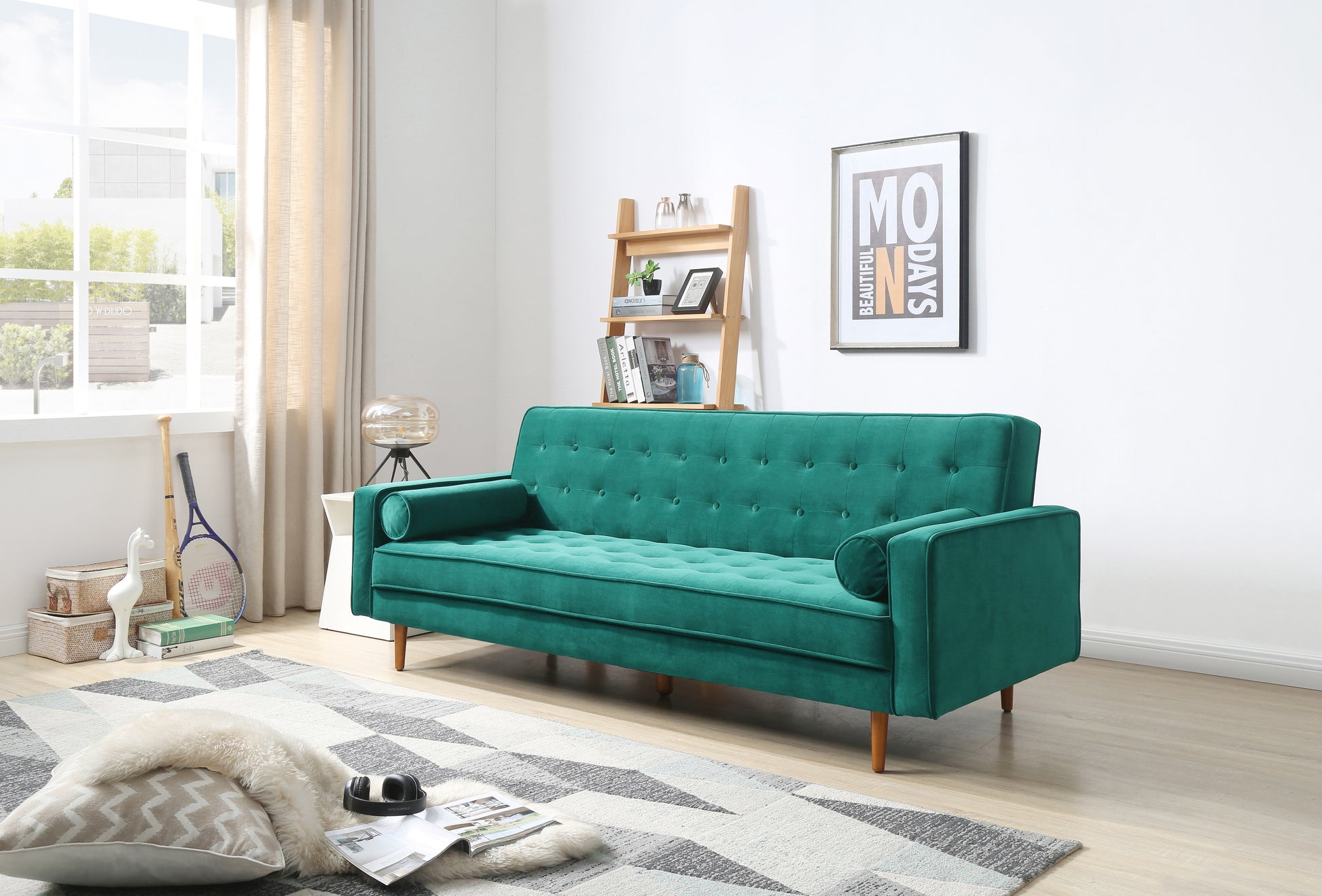 Sofa Bed 3 Seater Button Tufted Lounge Set for Living Room Couch in Velvet Green Colour - TRENDZ