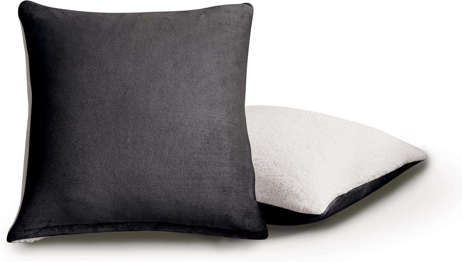 Teddy Sherpa Twin-Pack European Pillowcases - Soft Reversible Velvet & Sherpa Cushion Covers - Machine Washable with Zipper Closure - 65x65cm - Charcoal - TRENDZ