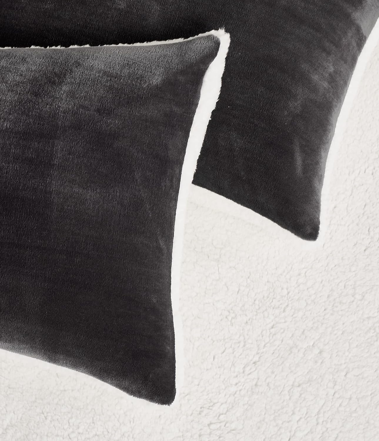 Teddy Sherpa Twin-Pack European Pillowcases - Soft Reversible Velvet & Sherpa Cushion Covers - Machine Washable with Zipper Closure - 65x65cm - Charcoal - TRENDZ