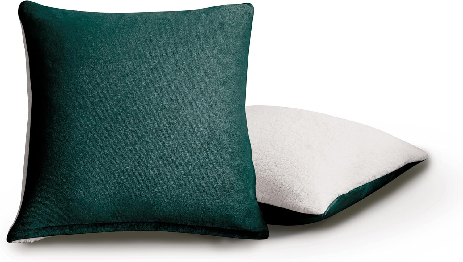 Teddy Sherpa Twin-Pack European Pillowcases - Soft Reversible Velvet & Sherpa Cushion Covers - Machine Washable with Zipper Closure - 65x65cm - Emerald Green - TRENDZ