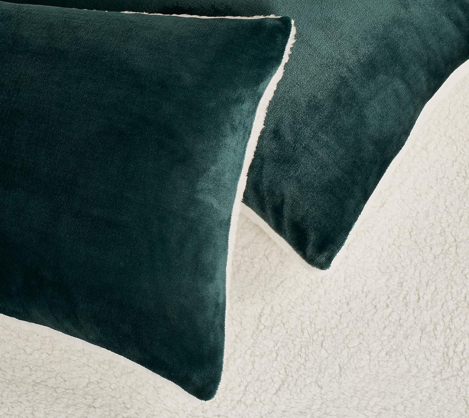 Teddy Sherpa Twin-Pack European Pillowcases - Soft Reversible Velvet & Sherpa Cushion Covers - Machine Washable with Zipper Closure - 65x65cm - Emerald Green - TRENDZ