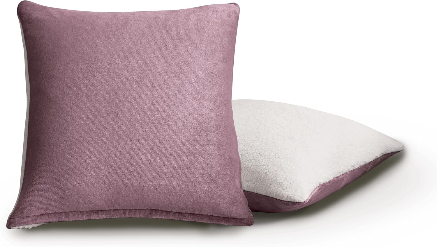 Teddy Sherpa Twin-Pack European Pillowcases - Soft Reversible Velvet & Sherpa Cushion Covers - Machine Washable with Zipper Closure - 65x65cm - Mauve - TRENDZ