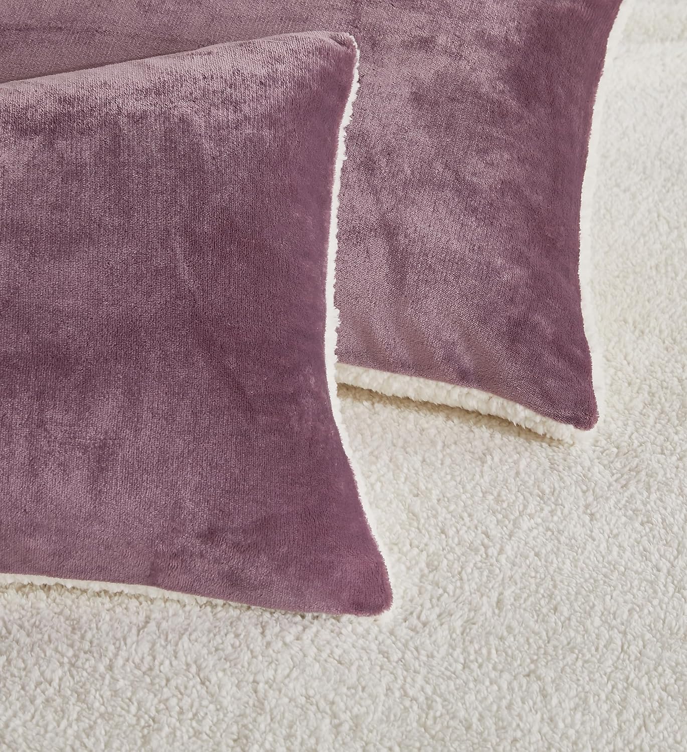 Teddy Sherpa Twin-Pack European Pillowcases - Soft Reversible Velvet & Sherpa Cushion Covers - Machine Washable with Zipper Closure - 65x65cm - Mauve - TRENDZ