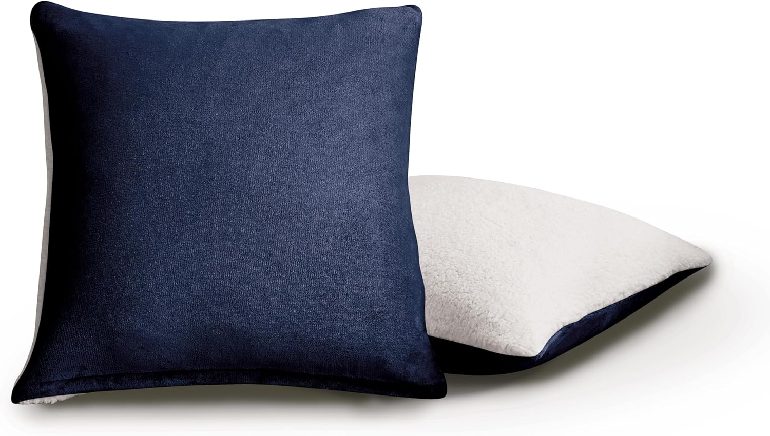 Teddy Sherpa Twin-Pack European Pillowcases - Soft Reversible Velvet & Sherpa Cushion Covers - Machine Washable with Zipper Closure - 65x65cm - Navy Blue - TRENDZ