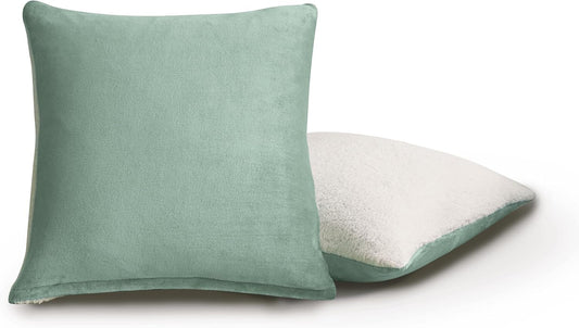 Teddy Sherpa Twin-Pack European Pillowcases - Soft Reversible Velvet & Sherpa Cushion Covers - Machine Washable with Zipper Closure - 65x65cm - Sage Green - TRENDZ