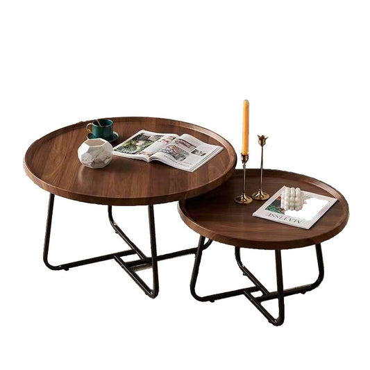 Removable Set of 2 Round Coffee Table Walnut Nesting Side End Table Furniture - TRENDZ